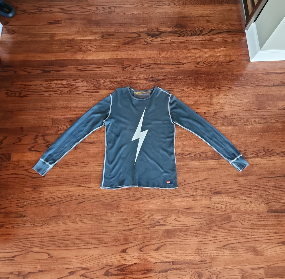 Very Rare! Aviator Nation Slate Grayish Blue Crewneck White Stitch Thermal Tee.